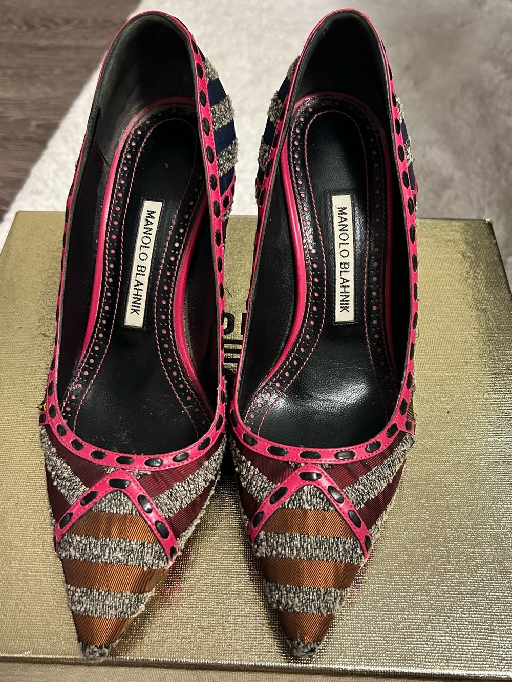 Manolo Blahnik Pink, Brown and Tan Striped Pointed Pumps